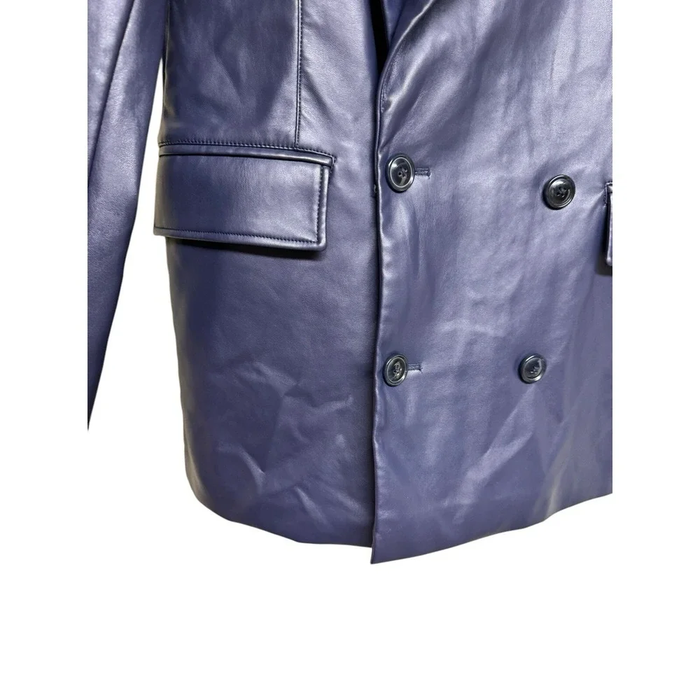 7 For All Mankind Faux Leather Double Breasted Blazer Navy‎ Blue Women's Medium